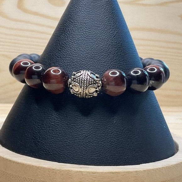 Red Tiger's Eye Black Obsidian Silver Filigree Ball Flex Protection Bracelet - Picture 3 of 4